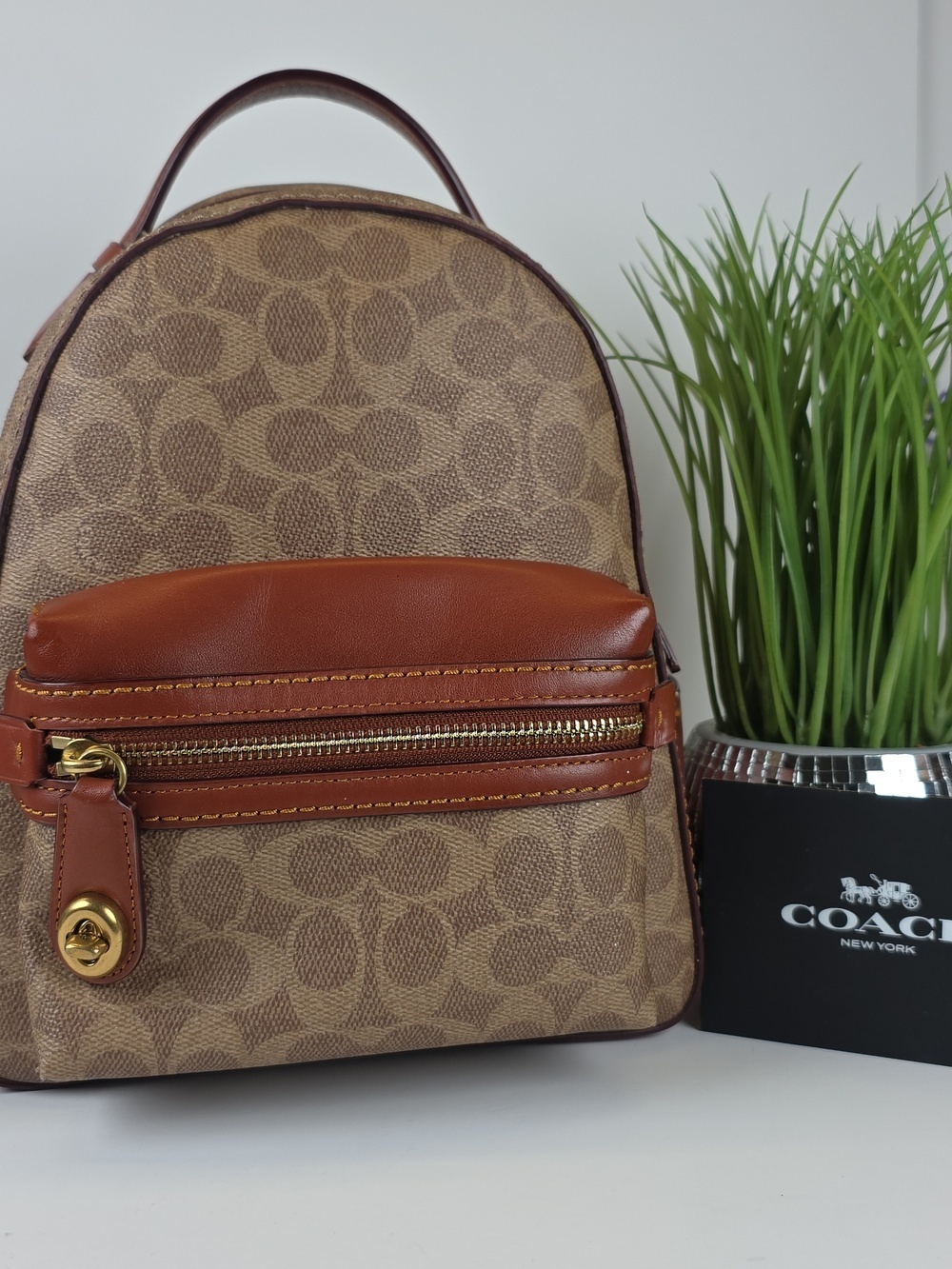 Coach Campus Lock Signature Canvas Mini Backpack Cognac Leather Accents Fall Bag